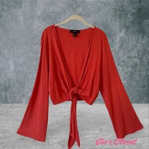 Forever 21 Top Orange Tie Long Bell Sleeves Front Cropped Top Sz 3X